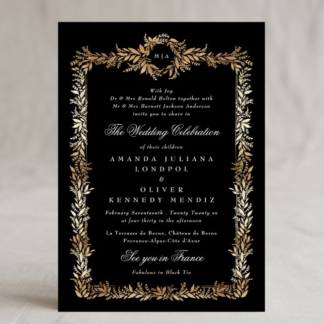 Invitación boda de monograma de marco botánico de oro de esmo (Subido por el creador)