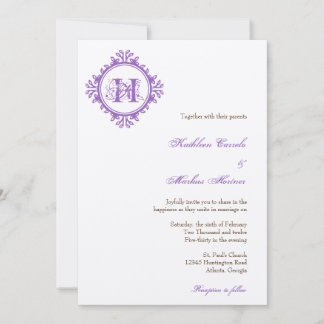 Invitación Boda de monograma de marco de hojas púrpura de des
