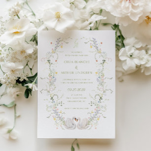Invitación Boda de Monograma de Marco Floral de Cisnes