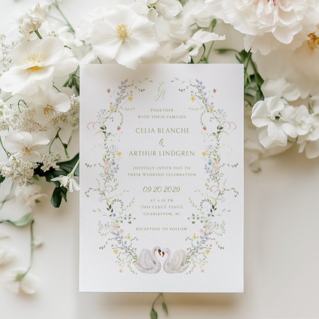Invitación Boda de Monograma de Marco Floral de Cisnes (Subido por el creador)