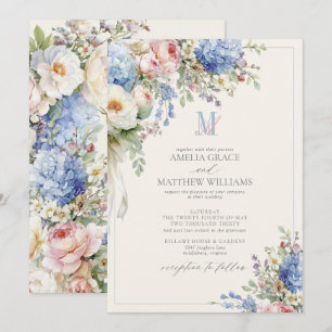Invitación Boda de Monograma de Marfil con Hortensias Pastel 