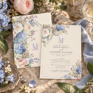 Invitación Boda de Monograma de Marfil con Hortensias Pastel