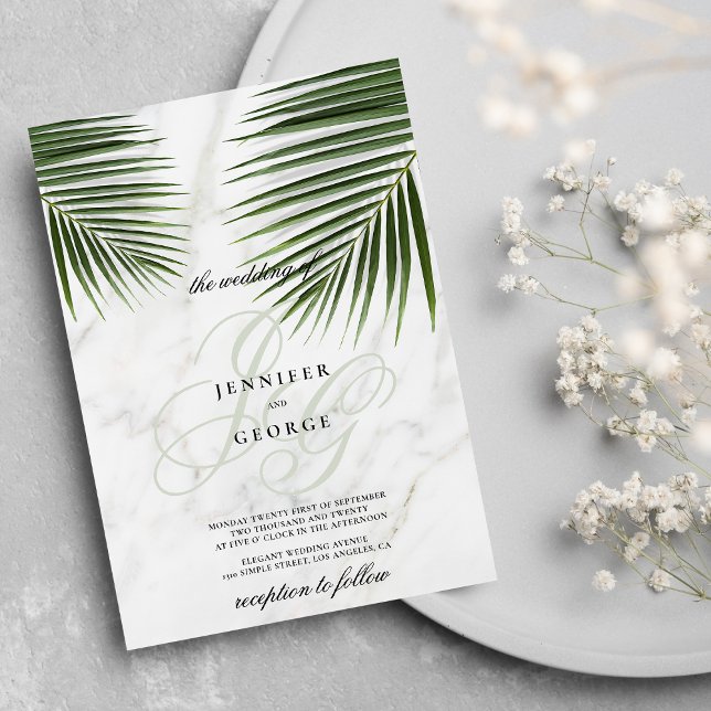 Invitación Boda de monograma de mármol blanco verde tropical (Tropical green white marble monogram wedding)