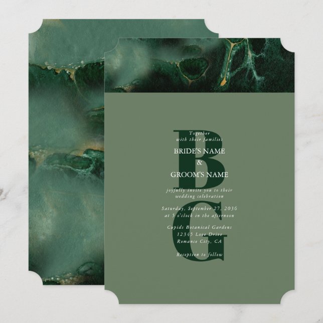 Invitación Boda de monograma de mármol verde moderno (Anverso / Reverso)