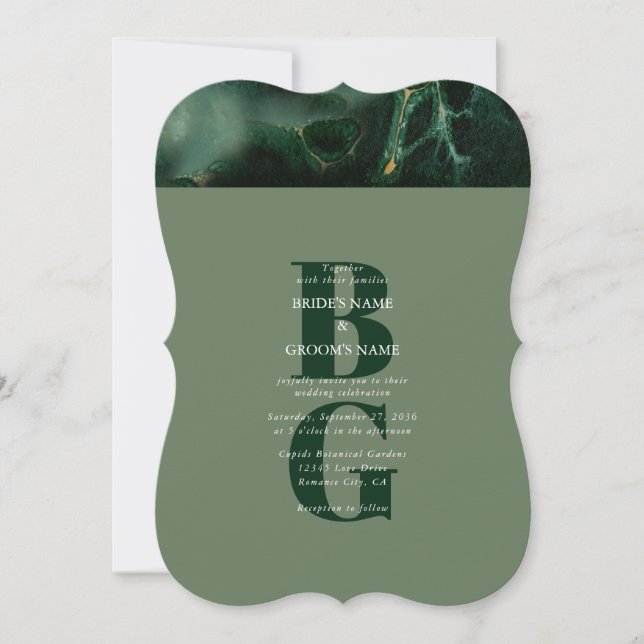 Invitación Boda de monograma de mármol verde moderno (Anverso)