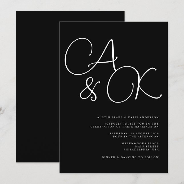 Invitación Boda de monograma de nombres sobredimensionados en (Anverso / Reverso)