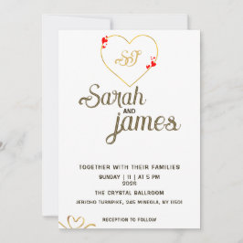 Invitación Boda de Monograma de Oro con Corazones Rojos Román