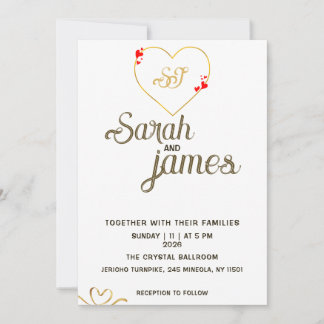 Invitación Boda de Monograma de Oro con Corazones Rojos Román