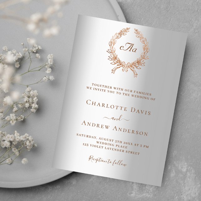 Invitación Boda de monograma de oro de rosa plateado (Subido por el creador)