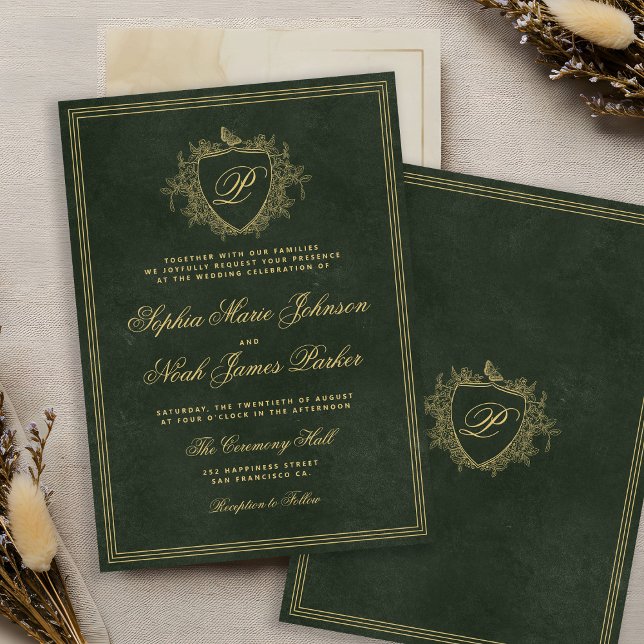 Invitación Boda de monograma de oro verde esmeralda (Subido por el creador)