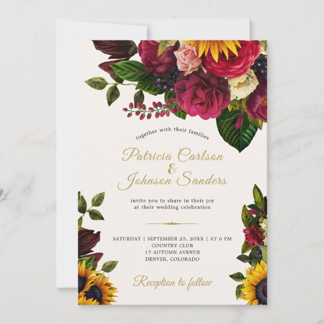 Invitación Boda de monograma de otoño rústico de girasol y ro (Anverso)
