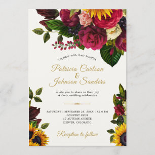 Invitación Boda de monograma de otoño rústico de girasol y ro