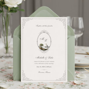 Invitación Boda de Monograma de Paisaje Francés Vintage 