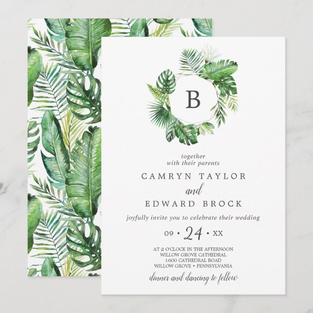 Invitación Boda de Monograma de Palm Tropical Salvaje (Anverso / Reverso)