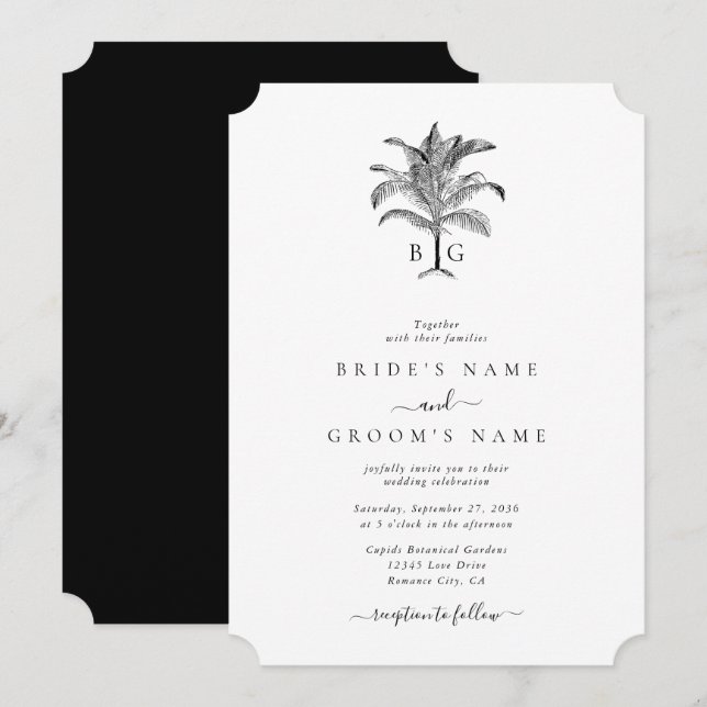 Invitación Boda de monograma de palmeras tropicales minimalis (Anverso / Reverso)