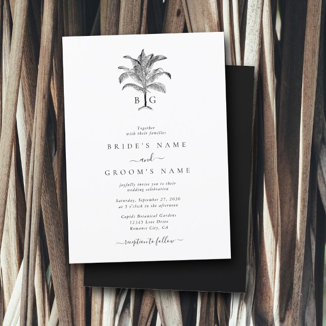 Invitación Boda de monograma de palmeras tropicales minimalis (Minimalist Tropical Palm Tree Monogram Wedding Invitation)
