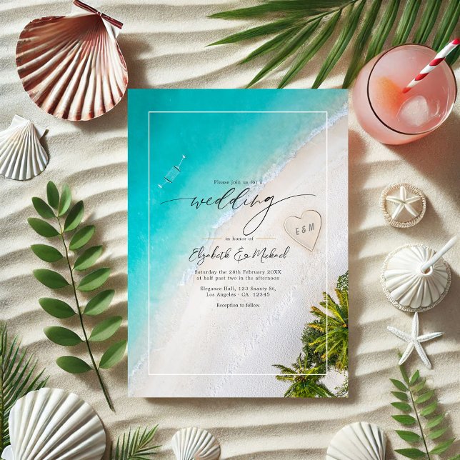 Invitación Boda de monograma de playa tropical Foto y código  (Tropical Beach Monogram Wedding Photo and QR Code Invitation)