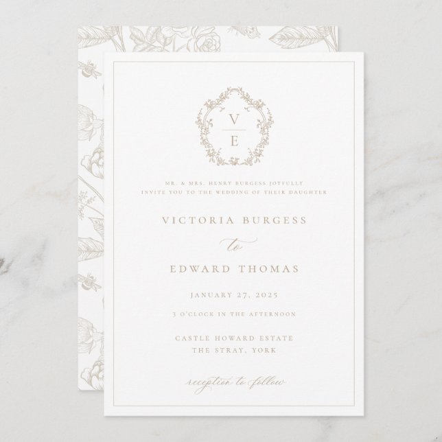 Invitación Boda de monograma de Regency Era Beige Escudo (Anverso / Reverso)