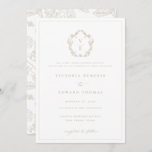 Invitación Boda de monograma de Regency Era Beige Escudo
