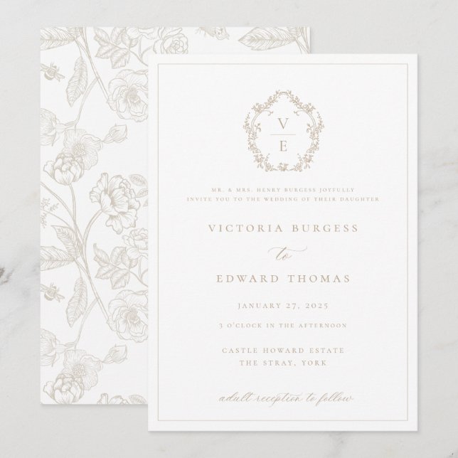 Invitación Boda de monograma de Regency Era Beige Escudo (Anverso / Reverso)