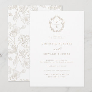 Invitación Boda de monograma de Regency Era Escudo Beige