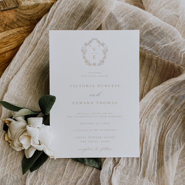 Invitación Boda de monograma de Regency Era Escudo Beige (Subido por el creador)