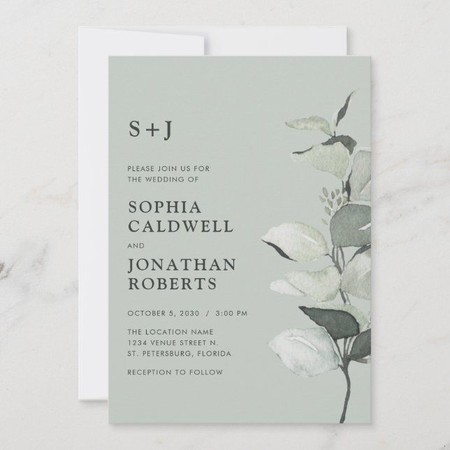 Invitación Boda de monograma de salvia de código QR actualiza (Anverso)