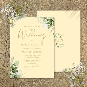 Invitación Boda de monograma de vegetación amarilla de botón