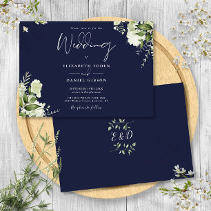 Invitación Boda de monograma de vegetación botánica azul mari