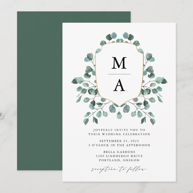 Invitación Boda de monograma de vegetación de eucalipto moder (Anverso / Reverso)