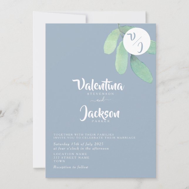 Invitación Boda de monograma de verde azul polvoriento  (Anverso)