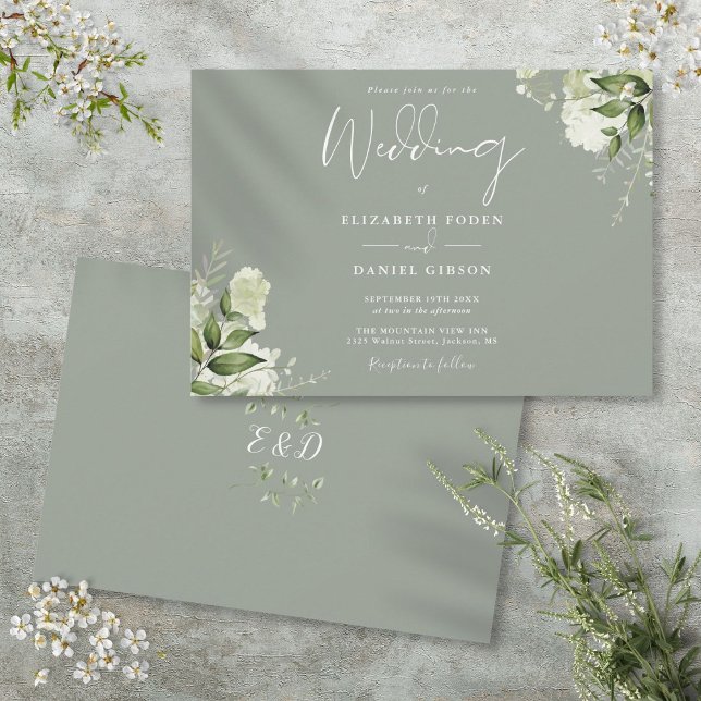 Invitación Boda de monograma de verde salvia botánico (Sage Green Botanical Greenery Monogram Wedding Invitation)