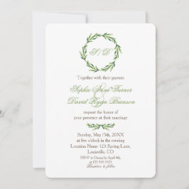 Invitación Boda de monograma de Wreath de Emerald Greenery