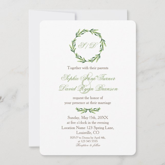 Invitación Boda de monograma de Wreath de Emerald Greenery (Anverso)
