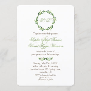 Invitación Boda de monograma de Wreath de Emerald Greenery