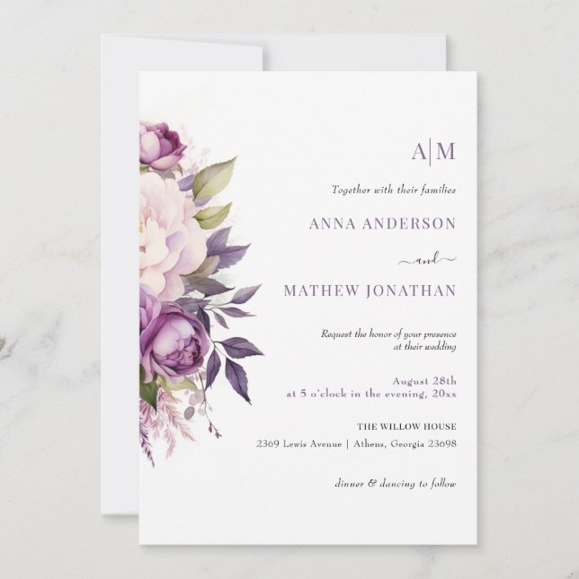 Invitación Boda de monograma del Boho floral Dusty Purple Lav (Anverso)