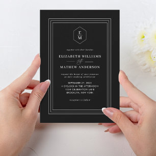 Invitación Boda de monograma del borde blanco negro clásico