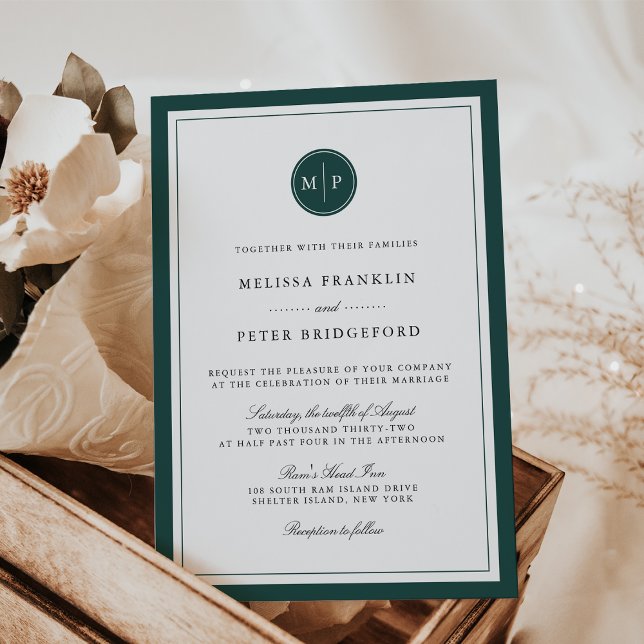 Invitación Boda de monograma del borde verde del cazador clás (Subido por el creador)