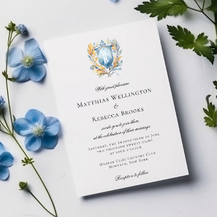 Invitación Boda de monograma del Escudo azul clásico romántic