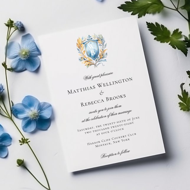 Invitación Boda de monograma del Escudo azul clásico romántic (Subido por el creador)