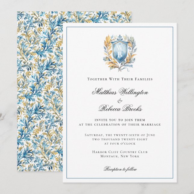 Invitación Boda de monograma del Escudo azul clásico romántic (Anverso / Reverso)