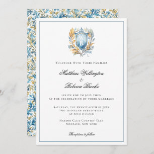 Invitación Boda de monograma del Escudo azul clásico romántic