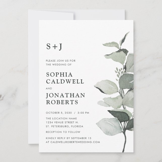Invitación Boda de Monograma del sitio web RSVP Eucalyptus Sa (Anverso)
