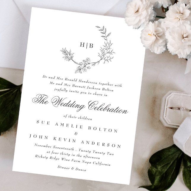 Invitación Boda de monograma doble de flor clásico (Subido por el creador)