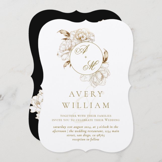 Invitación Boda de Monograma dorado blanco (Anverso / Reverso)