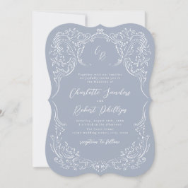 Invitación Boda de Monograma Dusty Blue Vintage Flourish