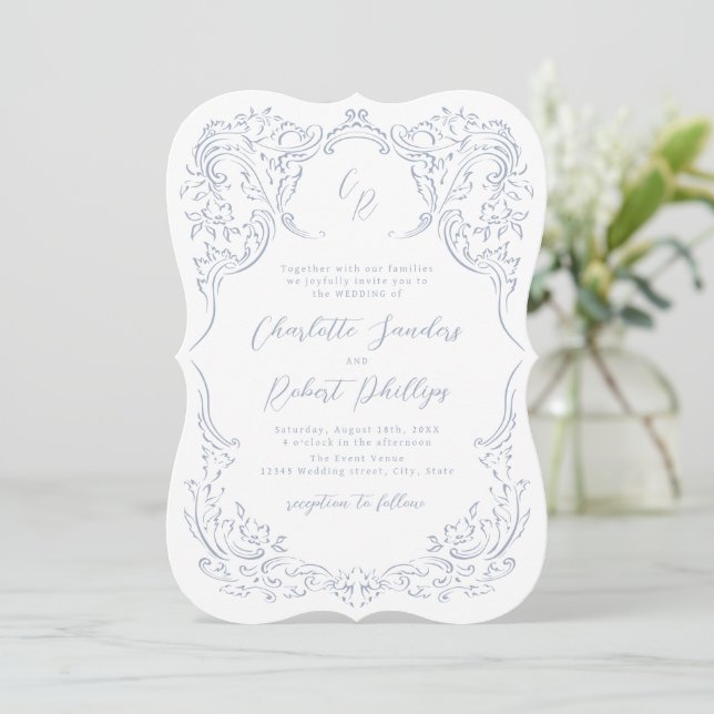 Invitación Boda de Monograma Dusty Blue Vintage Flourish (Anverso de pie)