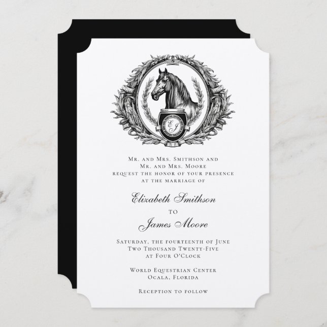 Invitación Boda de Monograma Ecuestre Formal Escudo (Anverso / Reverso)