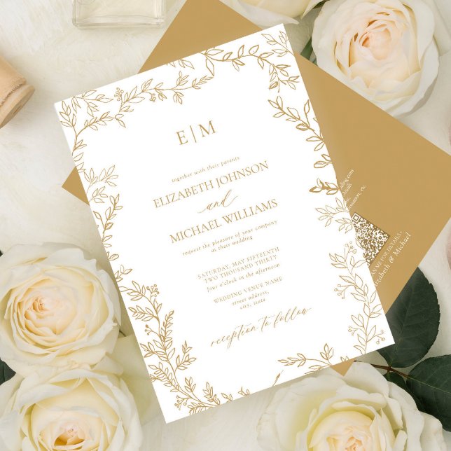 Invitación Boda de Monograma Elegante de QR Code Leaf Gold (Subido por el creador)