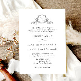 Invitación Boda de monograma elegante formal en blanco y negr